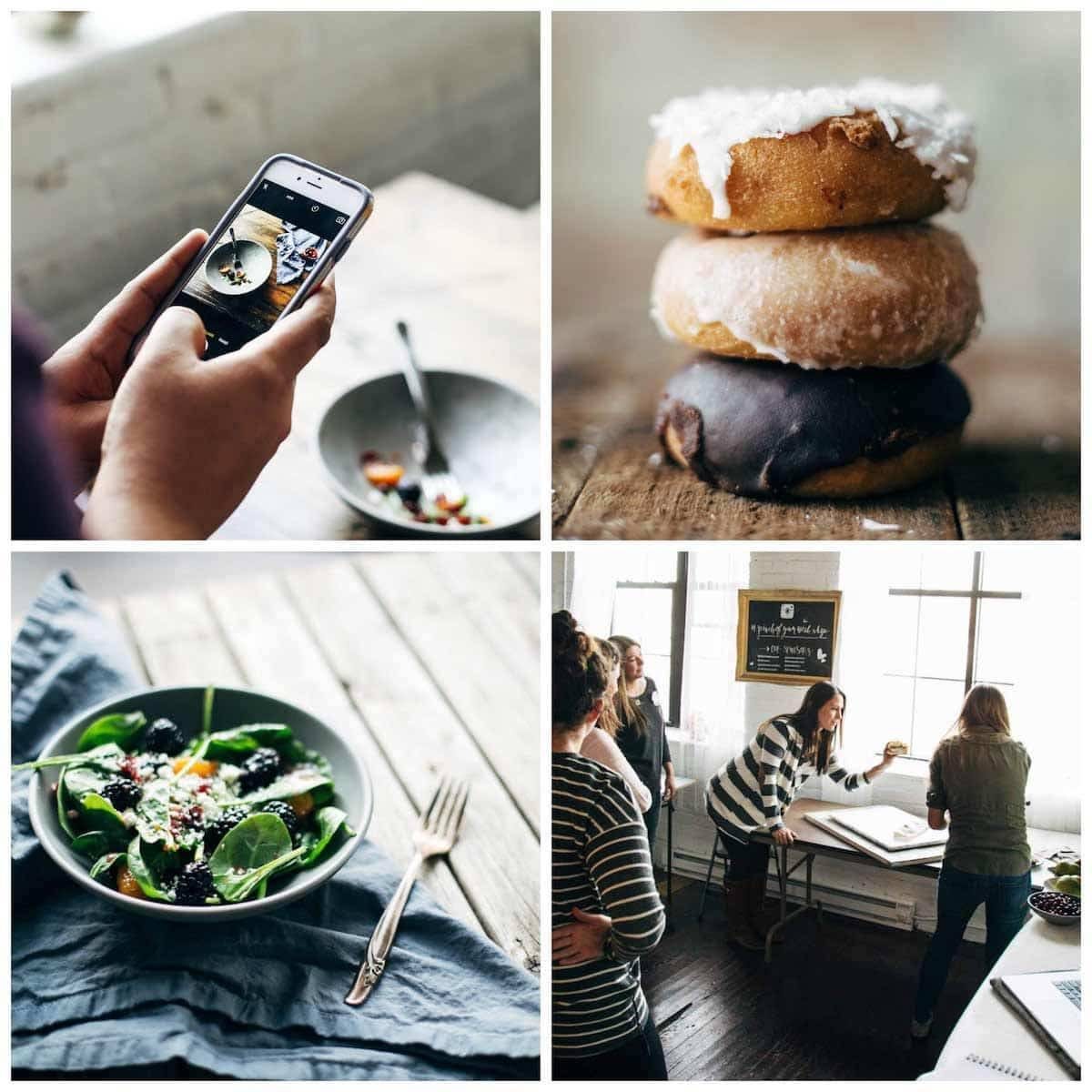 Photos of food and an Iphone and women taking photos.