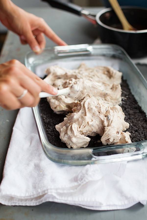 Oreo fudge ice cream bars spread in a dish.