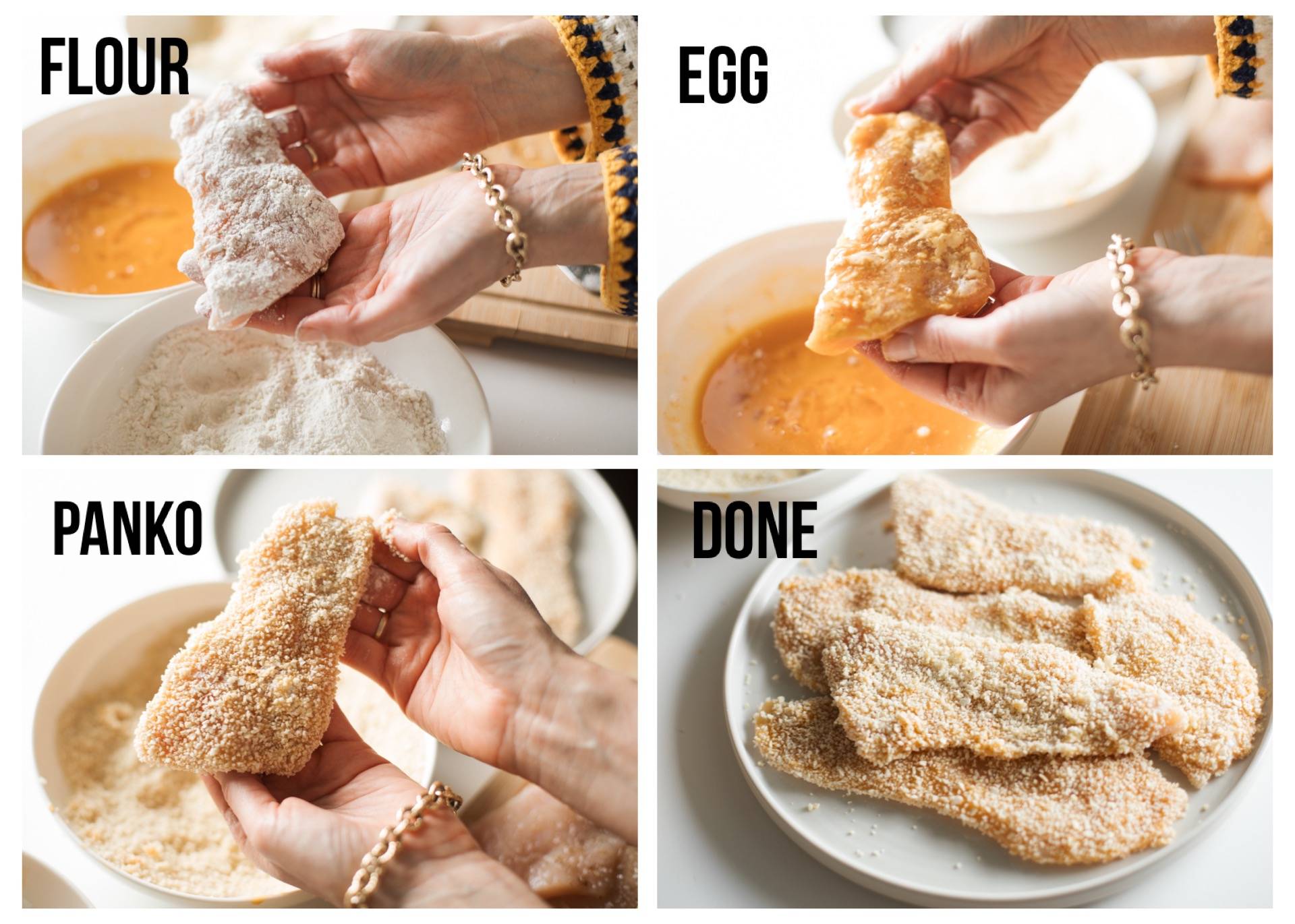 Steps for preparing the chicken - flour, egg, panko.