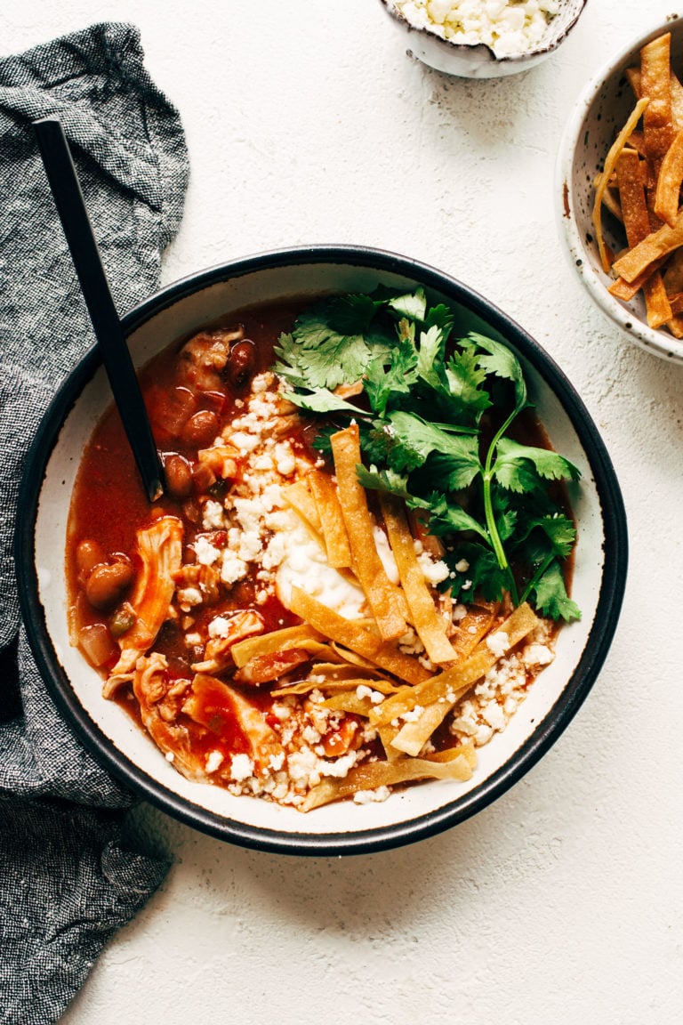 Chicken tortilla soup in a bowl.