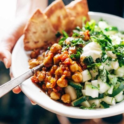 Moroccan Chickpea Bowl with cucumber.